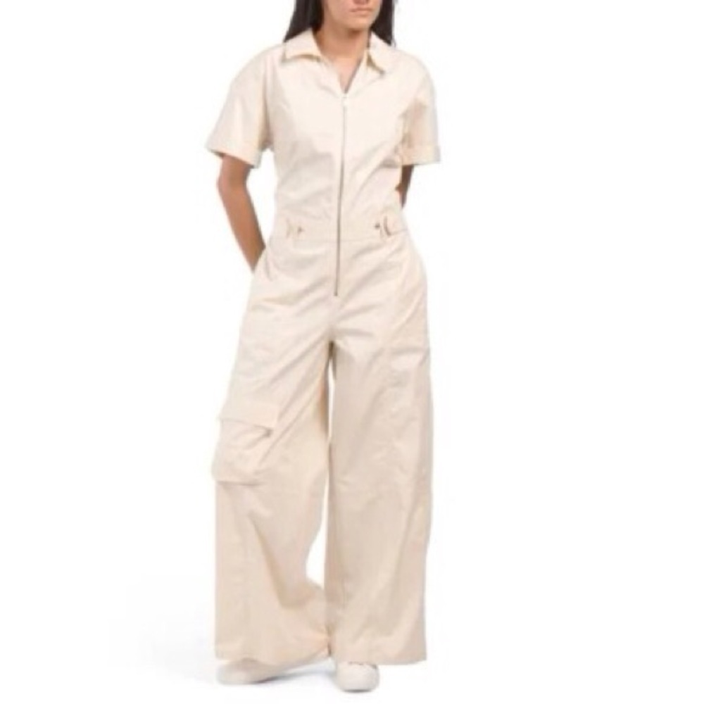 Zara Women XS Beige Cotton Relaxed Short Sleeve Wide Leg Cargo Jumpsuit NWOT